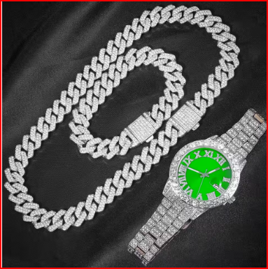 3pcs Cuban Chain Watch for Men Hip Hop Miami Curb Iced Out Paved Rhinestones Rapper Cuban Necklace Suit Watch+Bracelet Jewelry