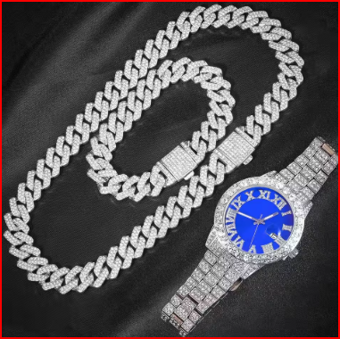 3pcs Cuban Chain Watch for Men Hip Hop Miami Curb Iced Out Paved Rhinestones Rapper Cuban Necklace Suit Watch+Bracelet Jewelry