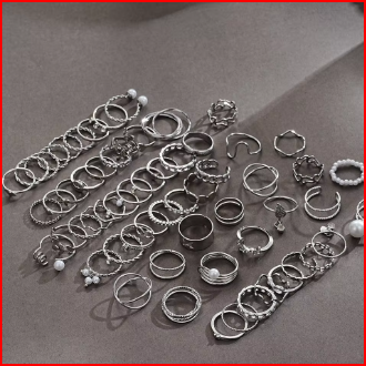 64 Pcs Silver Color Geometric Knuckle Rings Set For Women Heart Cross Leaf Pearl Charm Finger Ring Female Boho Party Jewelry