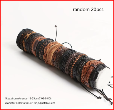 20Pcs Braided Leather Bracelets for Men Women Wrap Wood Beads Cuff Bracelet Hemp Cords Ethnic Tribal Handmade Wrap Wristband Bra