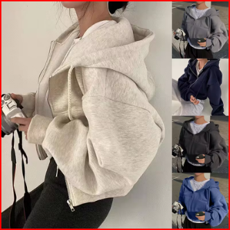 2024 Spring Autumn New Insfleece-lined Versatile Cropped Slims Smooths Silhouette Zip-up Warm Navy Blue Hooded Sweatshirt Women