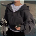 2024 Spring Autumn New Insfleece-lined Versatile Cropped Slims Smooths Silhouette Zip-up Warm Navy Blue Hooded Sweatshirt Women